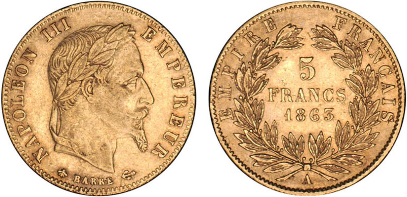 5 FRANCS OR
5 FRANCS or, Napoléon III tête laurée
1863 A - TTB 45 (TTB++)

...