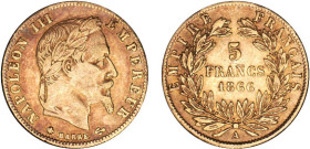 5 FRANCS OR
5 FRANCS or, Napoléon III tête laurée
1866 A - TTB 45 (TTB++)



G 1002, F 502, KM# 803
PARIS - OR - 
 ---------------------------...