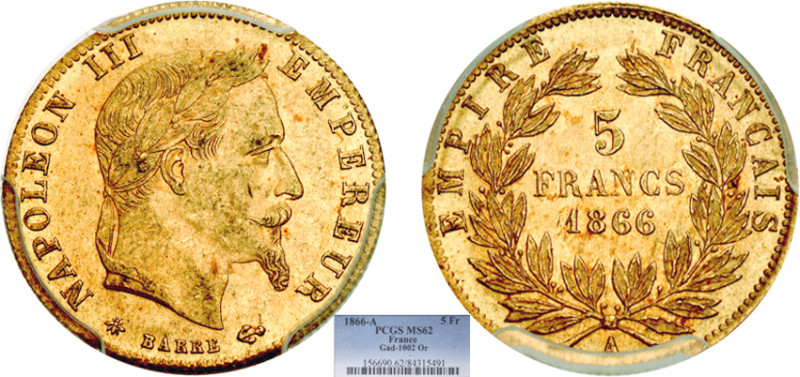 5 FRANCS OR
5 FRANCS or, Napoléon III tête laurée
1866 A - SPL 62 (SUP++)
Rar...