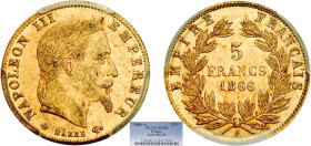 5 FRANCS OR
5 FRANCS or, Napoléon III tête laurée
1866 A - SPL 62 (SUP++)
Rare en l'état ! - PCGS MS62


G 1002, F 502, KM# 803, Fr# 588-589
PA...
