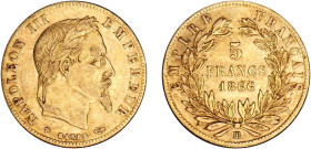 5 FRANCS OR
5 FRANCS or, Napoléon III tête laurée
1866 BB - TTB 45 (TTB++)



G 1002, F 502, KM# 803
STRASBOURG - OR - 
 ---------------------...
