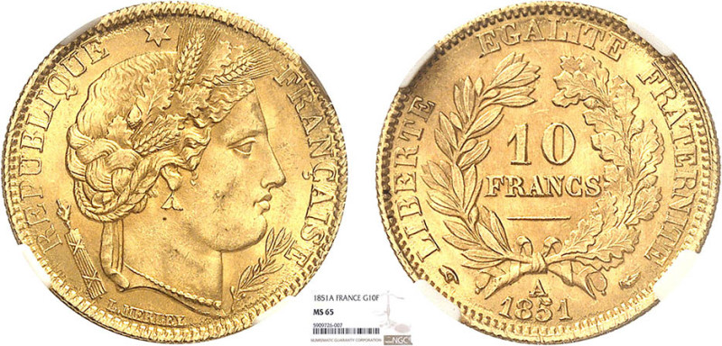 10 FRANCS OR
10 FRANCS or, type Cérès (2e République)
1851 A - FDC 65 (FDC)
T...