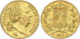 20 FRANCS OR
20 FRANCS or, Louis XVIII buste nu
1818 L - TTB 40 (TTB+)
Rare ! - légères griffures


G 1028, F 519, KM# 712, Fr# 538-46
BAYONNE ...