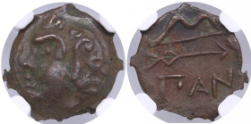 Bosporus, Panticapaeum Æ15 4th - 3rd Centuries BC - NGC Ch VF
Beautiful dark brown color toning. Satyr left/ ΠΑΝ Bow and arrow. MacDonald 116/1. ...