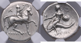 Calabria, Taras AR Didrachm or Nomos - c. 281-240 BC - NGC Ch VF
Strike 5/5, Surface 4/5. Beautiful specimen with fine mint luster. obv. Horseman crow...