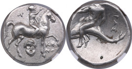 Calabria, Taras AR Didrachm or Nomos - c. 281-240 BC - NGC Ch XF
Strike 3/5, Surface 4/5. Gorgeous luminous specimen. Beautiful coin. obv. Horseman cr...