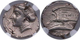 Paphlagonia, Sinope AR Drachm late 4th Century BC - NGC Ch XF
Strike 4/5. Surface 2/5. Beautiful lustrous specimen. obv. Nymph Sinope + aplustre/ rev....
