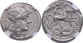 Roman Republic AR Denarius - M. Marcius Mn.f. (c. 134 BC) - NGC Ch XF
Strike 5/5, Surface 4/5. Marvelous lustrous specimen. obv. Roma/ rev. Victory in...