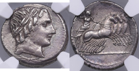 Roman Republic AR Denarius - Anonymous (c. 86 BC) - NGC AU
Strice: 4/5, Surface: 4/5. Magnificent specimen. obv. Laureate head of Apollo right/ rev. J...
