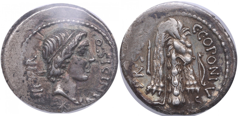Roman Imperatorial AR Denarius - Q. Sicinius & C. Coponius (c. 49 BC) - NGC Ch X...
