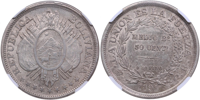 Bolivila 50 Centavos 1891 PTS-CB - without weight - NGC MS 61
An attractive spec...