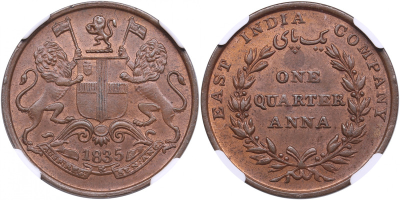 India, East India Company 1/4 Anna 1835 - NGC MS 64 BN
TOP POP. The highest grad...