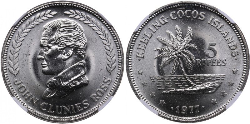 Keeling Cocos Islands 5 Rupees 1977 - NGC MS 65
Brilliant exemplar. Only four sp...