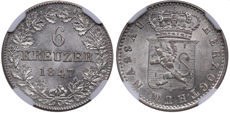 Germany, Nassau 6 Kreuzer 1847 - NGC MS 63
Very beautiful lustrous exemplar. Onl...