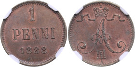 Finland, Russia 1 Penni 1888 - NGC MS 64 BN
Beautiful specimen with fine mint luster and nice brown color toning. Bitkin 253.