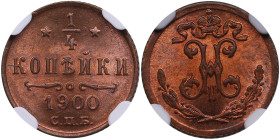 Russia 1/4 Kopeck 1900 СПБ - NGC MS 65 RB
Charming luminous red-brown color toning specimen. Bitkin 311.