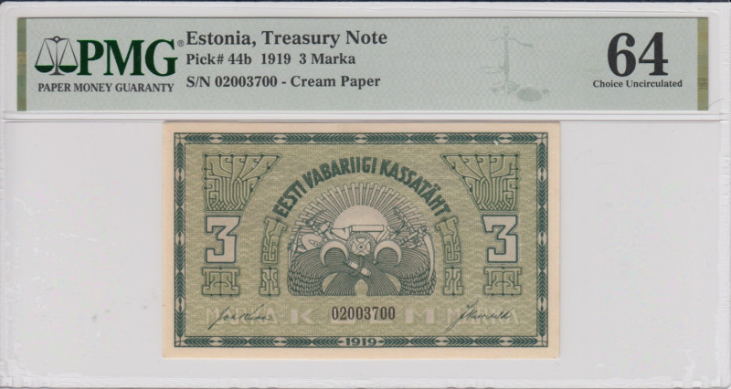 Estonia 3 Marka 1919 - PMG 64 Choice Uncirculated
Pick 44b. Only seven specimens...