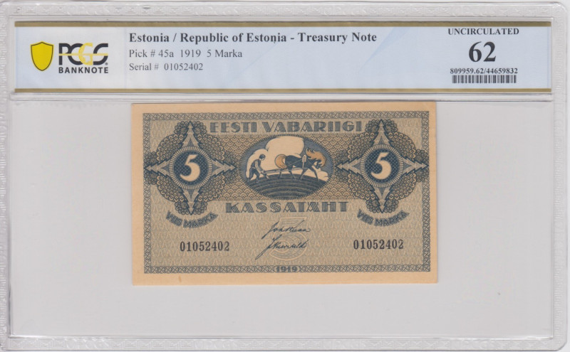 Estonia 5 Marka 1919 - PCGS 62 UNCIRCULATED
Pick 45a. Only one specimen has been...