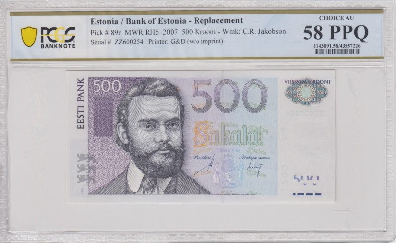 Estonia 500 Krooni 2007 ZZ - Replacement - PCGS 58 PPQ CHOICE AU
The highest gra...