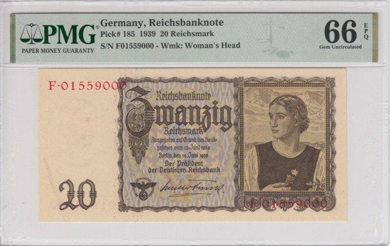 Germany 20 Reichsmark 1939 - PMG 66 EPQ Gem Uncirculated
Pick 185. 