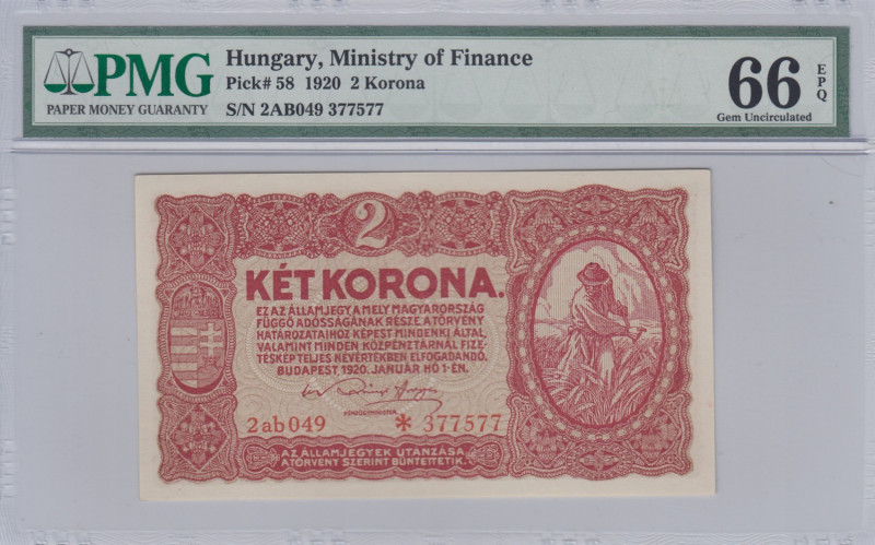 Hungary 2 Korona 1920 - PMG 66 EPQ Gem Uncirculated
Pick 58.