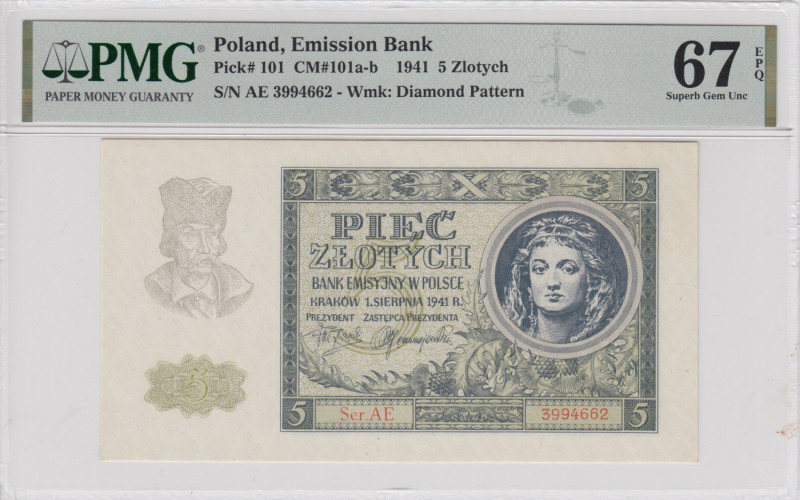 Poland 5 Zlotych 1941 - PMG 67 EPQ Superb Gem Unc
Pick 101, CM 101a-b. Only two ...