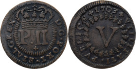 Portugal
 D. Pedro II (1683-1706)
V Reis AE 1703
A: D . G . PORT . ET ALG . REX
R: 1703 + VTILITATI . PVBLICAE + 
AG: 12.04 6.55g. Very Fine