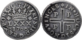 Portugal
 D. Pedro II (1683-1706) 
4 Vintens (LXXX Reis) Ag 1700 Porto
A: PETRVS . II . D . G . REX . PORTVG 
R: IN + HOC + SIGNO + VINCES PP PP
AG: 4...