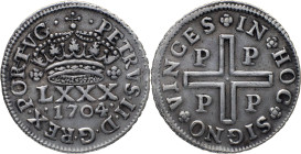 Portugal
 D. Pedro II (1683-1706) 
4 Vintens (LXXX Reis) Ag 1704 Porto
A: PETRVS . II . D . G . REX . PORTVG 
R: IN + HOC + SIGNO + VINCES PP PP
AG: 4...