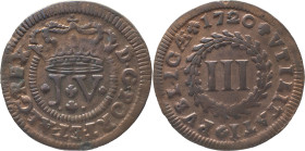 Portugal
 D. João V (1706-1750) 
3 Reis AE 1720
A: D . G . PORT . ET . ALG . REX
R: 1720 + VTILITATI + PVBLICAE
AG: 11.06 3.08g Very Fine