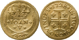 Portugal
 D. João V (1706-1750) 
Cruzado Novo (Pinto) 480 Reis Au 1728
A: + IOAN + + V + 400 
R: IN . HOC . SIGNO . VINCES
AG: 85.08 1.00g. Very Fine