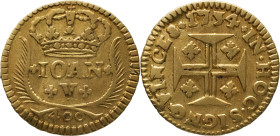 Portugal
 D. João V (1706-1750) 
Cruzado Novo (Pinto) 480 Reis Au 1734
A: + IOAN + + V + 400 
R: IN . HOC . SIGNO . VINCES
AG: 85.15 1.03g. Very Fine