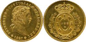 D. Pedro IV (1826-1828)
1/2 Peça (3.750 Reis) 1727, Au
A: PETRUS.IV.D.G.PORTUGALIAE.ET.ALGARB.REX /1827
R: Shield and Royal Arms
G: 08.01. 7,13g. Extr...