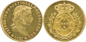 D. Pedro IV (1826-1828)
1/2 Peça (3.750 Reis) 1727, Au
A: PETRUS.IV.D.G.PORTUGALIAE.ET.ALGARB.REX /1827
R: Shield and Royal Arms
G: 08.01. 7,14g. Extr...