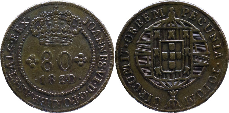 Moçambique
D. João VI (1816-1826)
80 Reis 1820 Ae, 61 Pearls
A: JOANNES.VI.D.G.P...