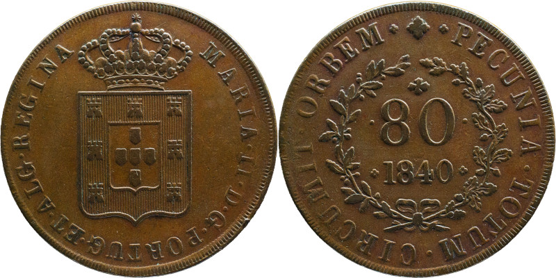 Moçambique
D. MARIA II (1834-1853)
80 Reis 1840 Ae
A: MARIA.II.D.G.PORTUG.ET.ALG...