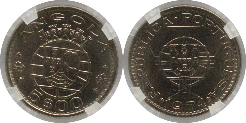 ANGOLA
Portuguese Republic
5 ESCUDOS 1974
A: ANGOLA 5 ESCUDOS
R: Republica Portu...