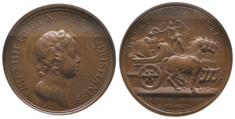 Médaille Bronze Louis XIV, 1647, Prise de onze villes, 26 gr. 41 mm
Avers: LUDO...