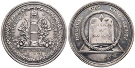 Médaille en argent, Conseil des Cinq-Cents, Paris, 1798 (an. VI), AG 63.37 g. 50.5 mm par Gatteaux
Avers : RÉPUBLIQUE FRANCAISE et faisceau surmonté d...