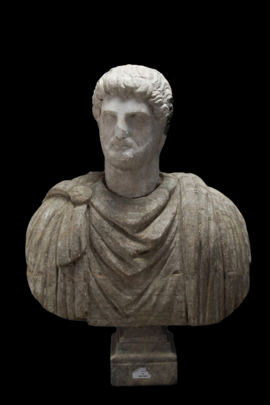 MARBLE BUST OF EMPEROR HADRIAN
Ca. 200 AD (Head) / Ca. 1800 AD (Bust). A marble...