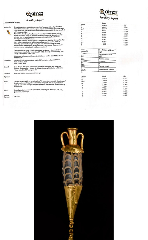 RARE HELLENISTIC GLASS AND GOLD AMPHORISKOS PENDANT - FULL REPORT
Ca. 300-100 B...