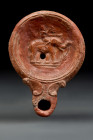 RARE ROMAN TERRACOTTA OIL LAMP WITH ALEXANDER THE GREAT ON ELEPHANT BACK