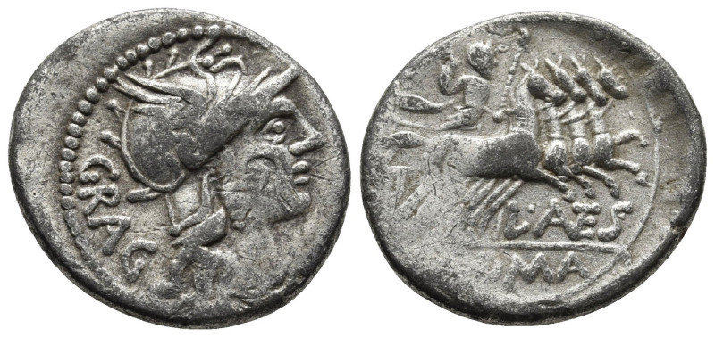 L. ANTESTIUS GRAGULUS, AR DENARIUS, ROME MINT, 136 BC.
. Helmeted head of Roma ...