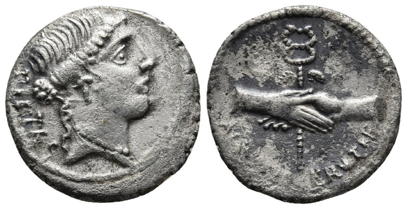 D. POSTUMIUS ALBINUS BRUTI F., AR DENARIUS, ROME MINT, 48 BC.
. Head of Pietas ...