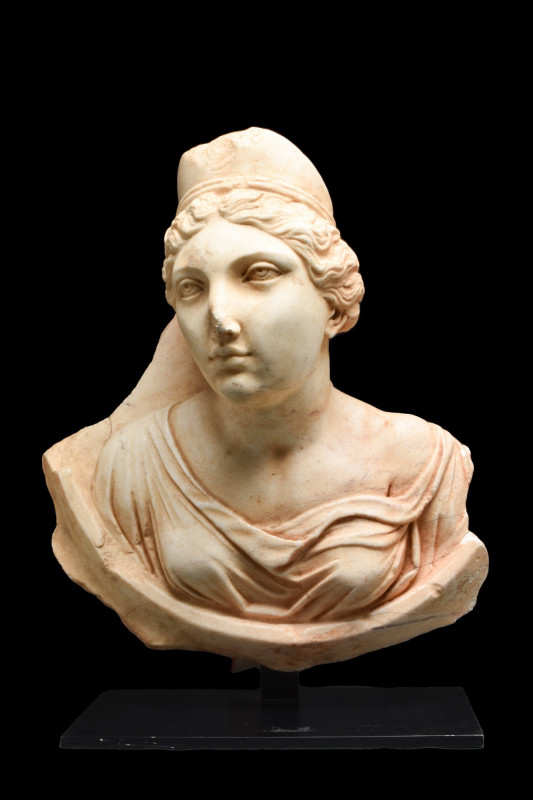 NEOCLASSICAL MARBLE FEMALE BUST
Ca. 1800 AD. A neoclassical marble bust of a wo...