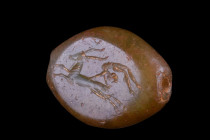 PHOENICIAN SCARABOID STONE SEAL WITH DEAR AND FIGURE