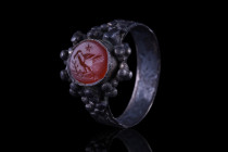 RARE BYZANTINE SILVER INTAGLIO RING WITH DOVE ON BRANCH AND STAR