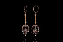 BYZANTINE MATCHING PAIR OF GOLD EARRINGS WITH CROSS GARNETS AND PEARLS