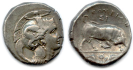 LUCANIE - THURIUM 350-300
Tête d'Athéna à droite, coiffée d'un casque orné du monstre Scylla. 
R/. Taureau fonçant à droite. Au-dessus, ΘOYPIΩN et Σ...