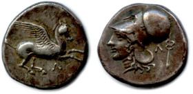 ACARNANIE - LEUCAS Colonie de Corinthe 400-350
Pégase volant à droite. Dessous, Λ. R/. Tête d'Athéna à gauche, coiffée d'un casque corinthien. 
Derr...